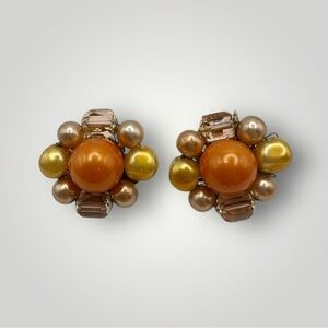 Vintage Elegant Gold and Orange Cluster Earrings made in Japan